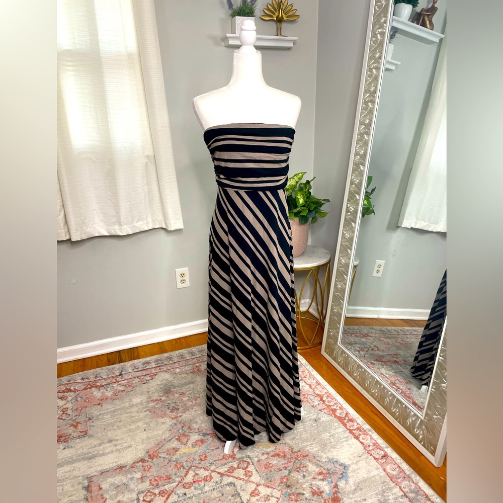Banana Republic black & tan striped strapless dress